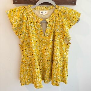 &Merci Yellow Floral Flutter Sleeve Blouse Medium